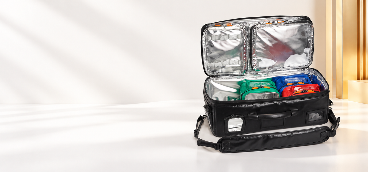 CorrMed Tac Med Mini Backpack with colour-coded organiser pouches on a white studio background with gold accents
