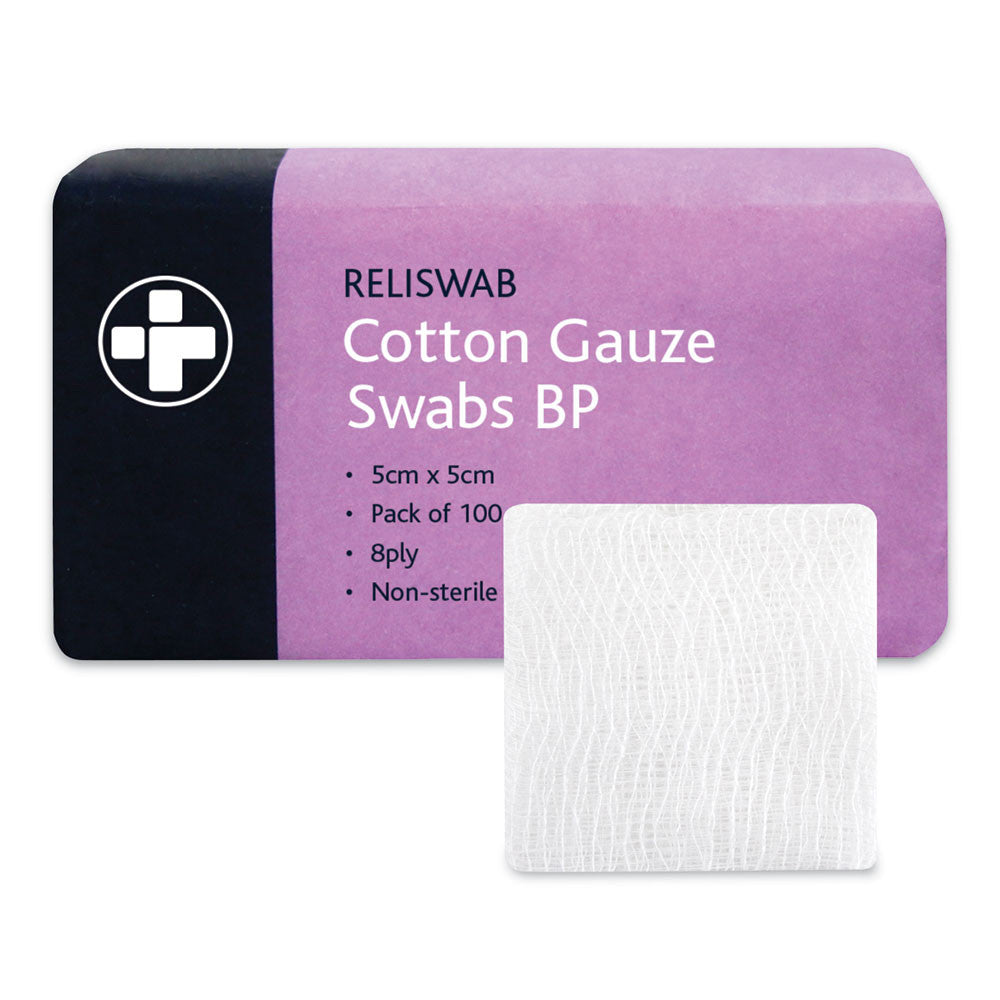 Reliswab Cotton Gauze Swabs BP – 8 Ply – 5cm x 5cm – Pack of 100