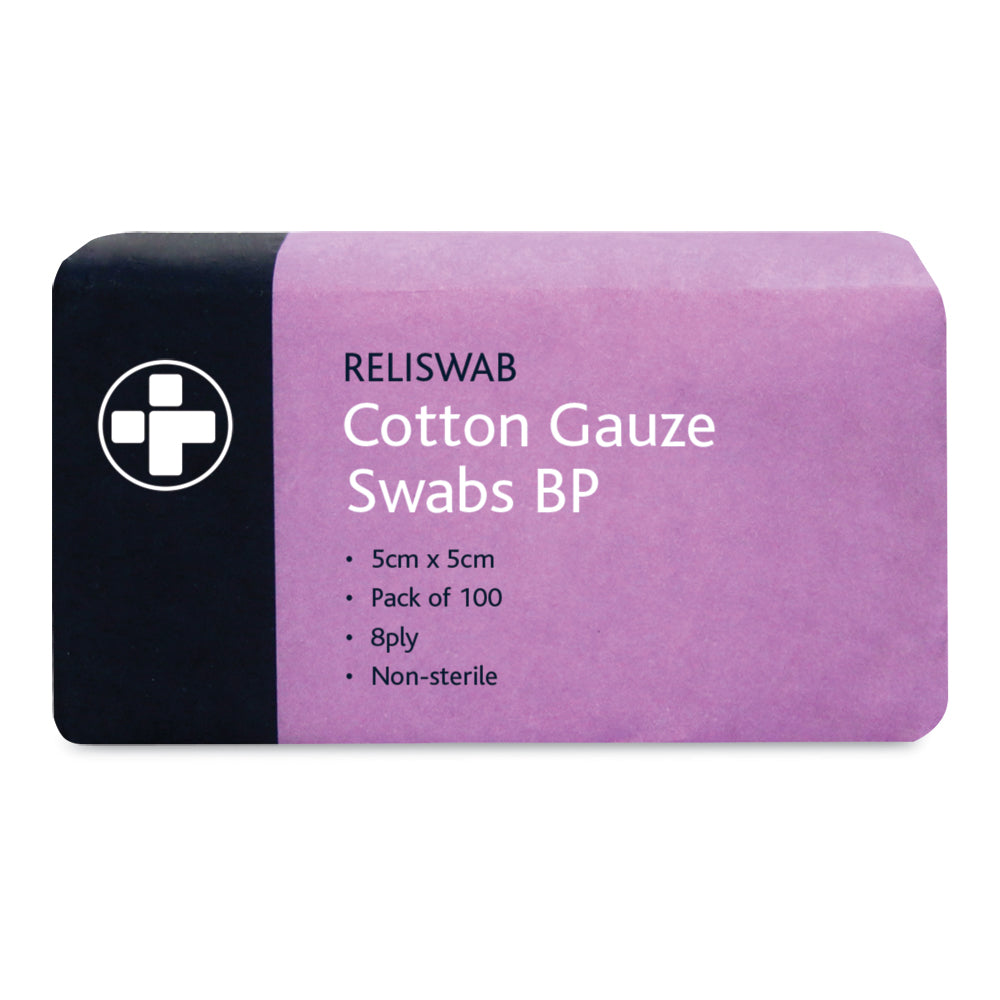 Reliswab Cotton Gauze Swabs BP – 8 Ply – 5cm x 5cm – Pack of 100