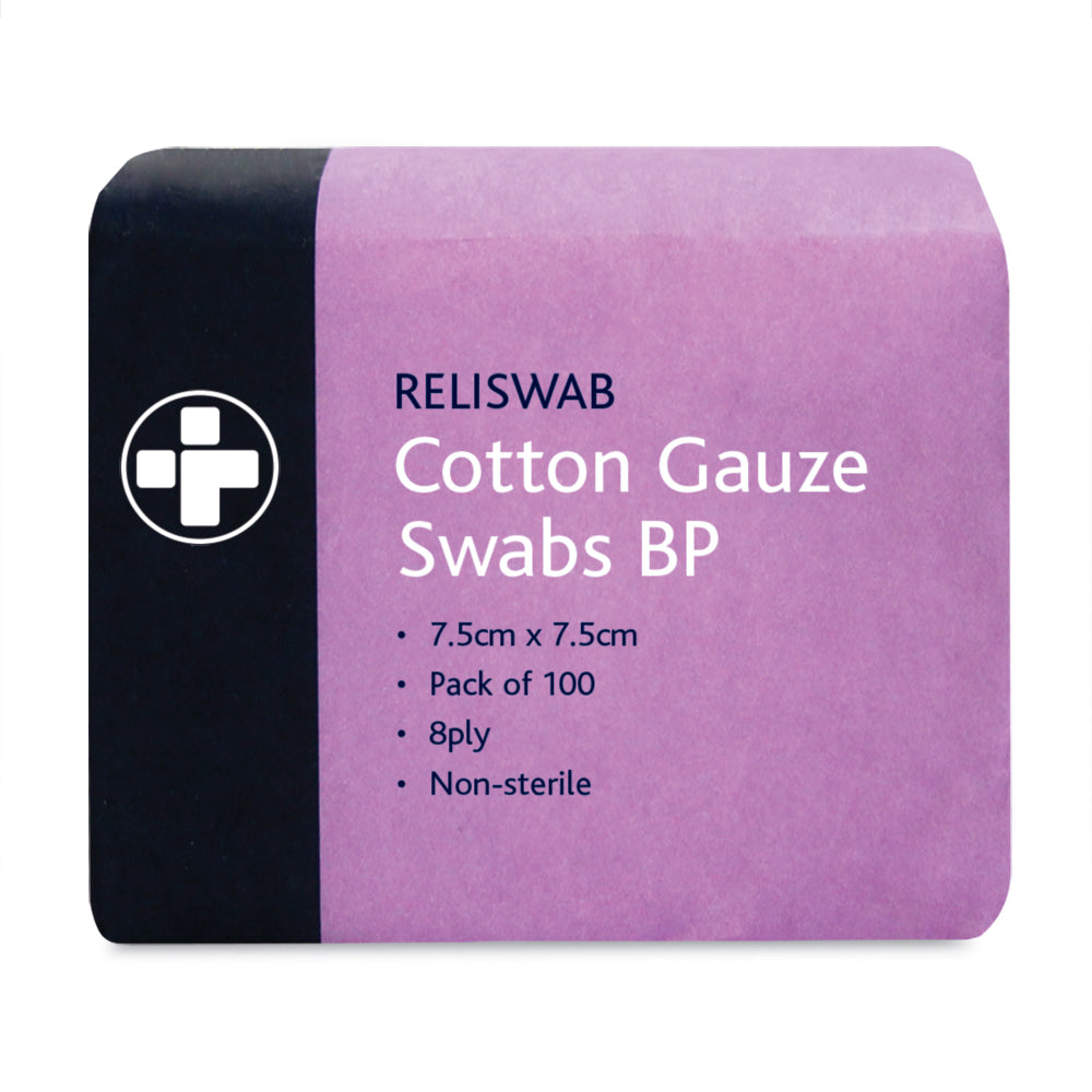 Reliswab Cotton Gauze Swabs BP – 8 Ply – 7.5cm x 7.5cm – Pack of 100
