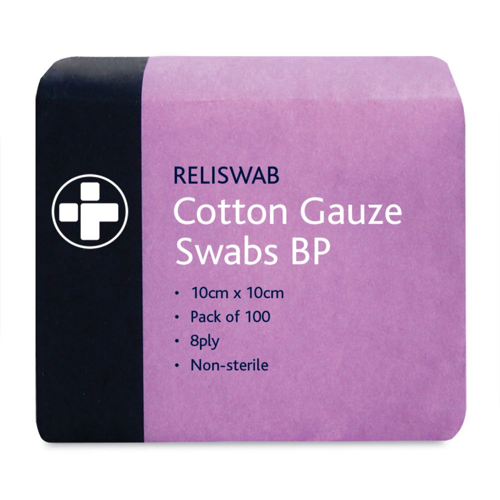 Reliswab Cotton Gauze Swabs BP – 8 Ply – 10cm x 10cm – Pack of 100