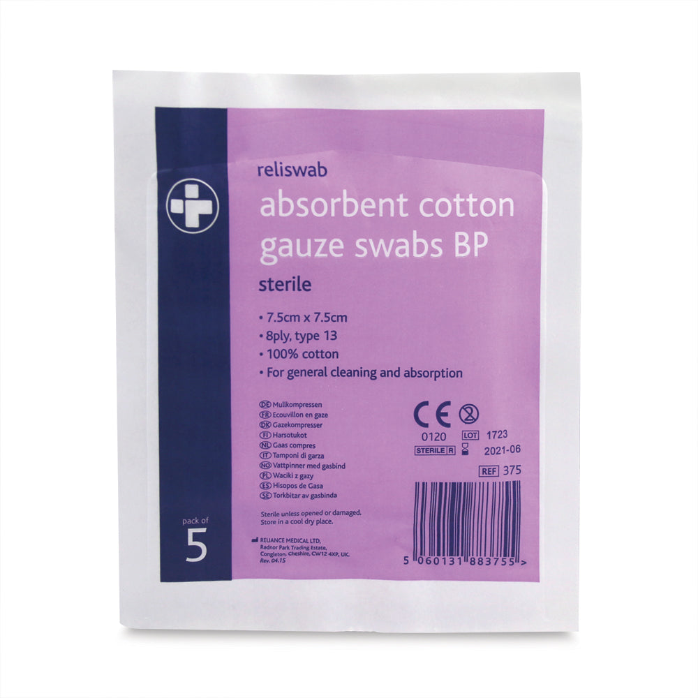 Reliswab Absorbent Cotton Gauze Swabs BP – 8 Ply – 7.5cm x 7.5cm – Pack of 5