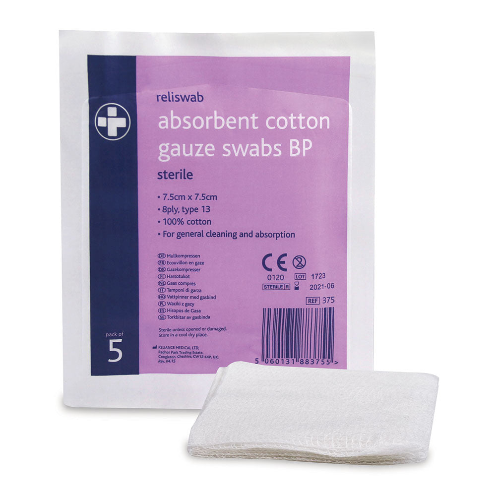 Reliswab Absorbent Cotton Gauze Swabs BP – 8 Ply – 7.5cm x 7.5cm – Pack of 5