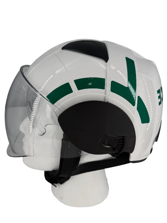 White Ambulance Professional Helmet with Clear Visor/Eye Guard and Green Reflective Tape