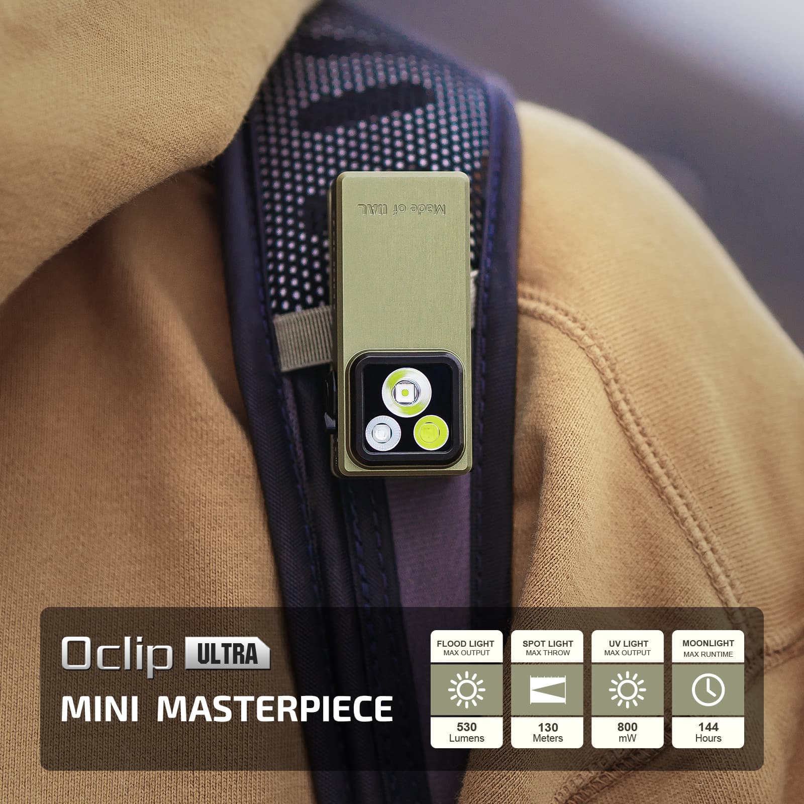 Oclip Ultra Clip-On EDC Light with Floodlight & Spotlight & UV Light